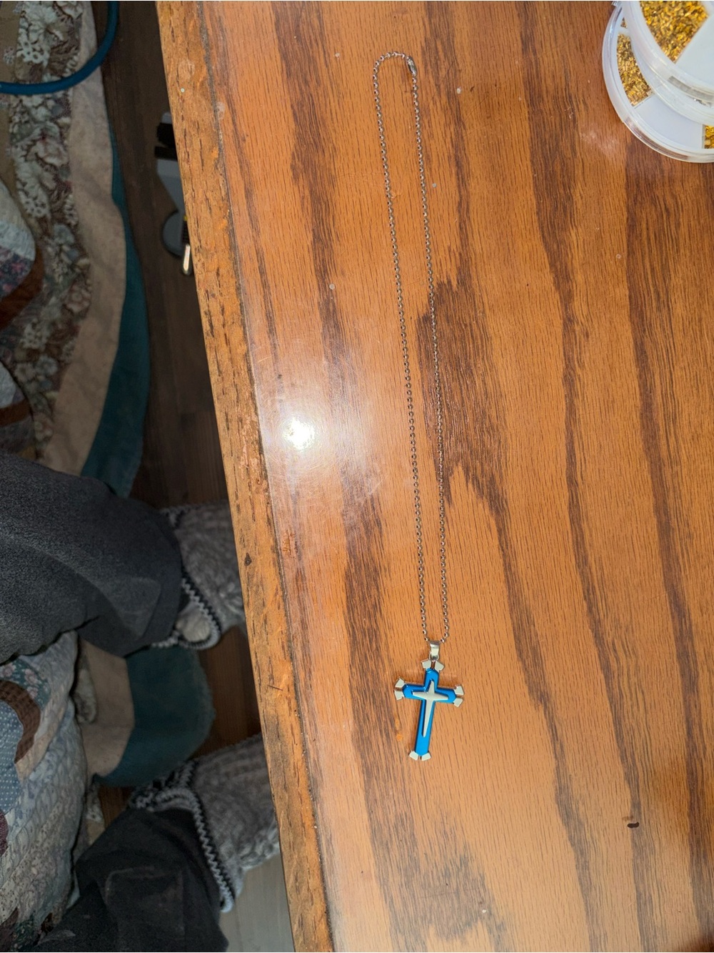 Silver Cross Necklace with Blue Inlay - Women Jewelry 11 3/4 inches